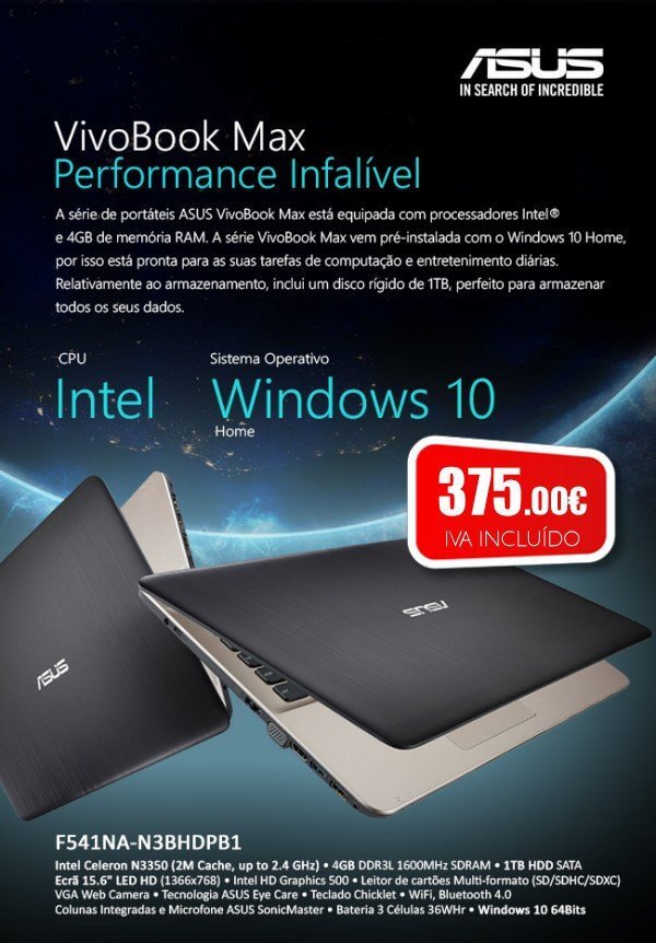 Aproveite o desconto infalível do Portátil ASUS VivoBook Max F541NA e compre-o por apenas 375€! Só na SOLADVANCE.